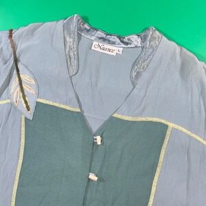 Nuance Women's Size L Blue Green Leaf Embroidered Button‎ Up Top Blouse